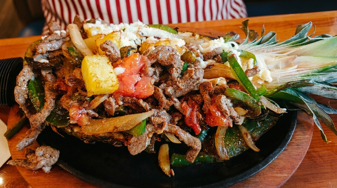 Sizzling fajitas with steak, peppers, onions, pineapple, and cheese served in a pineapple half.