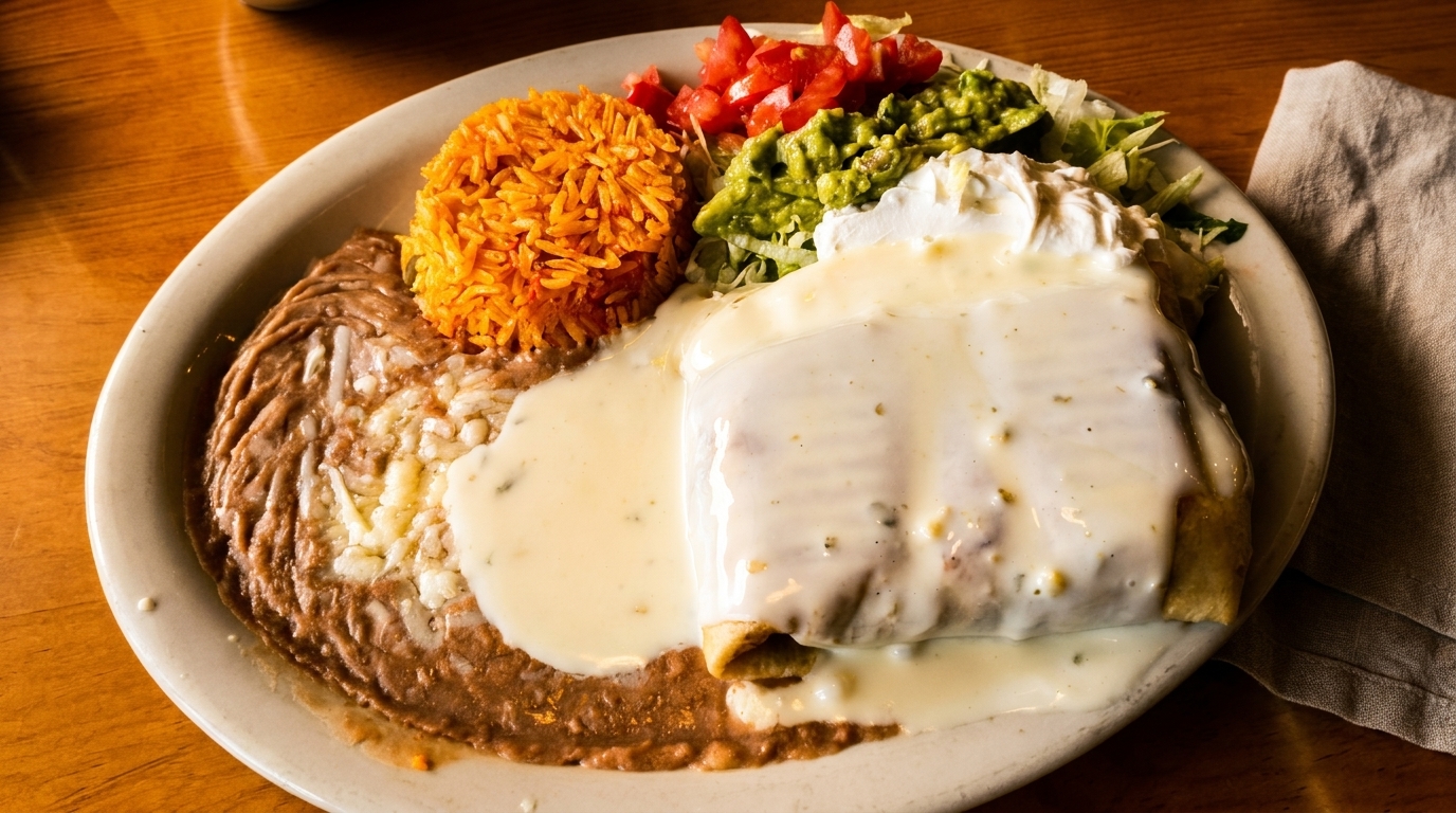 A plate of Mexican food with a burrito covered in white sauce, rice, beans, guacamole, and tomatoes.