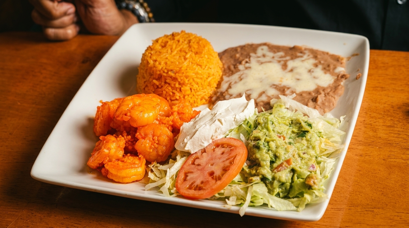 A white plate with shrimp, rice, refried beans, guacamole, sour cream, and a tomato slice.