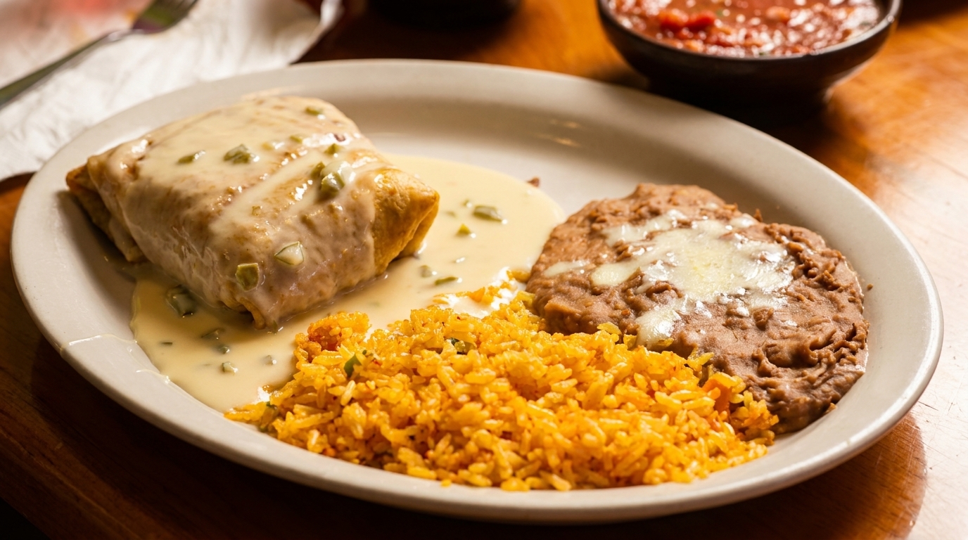 A burrito covered in white sauce with rice and refried beans on a white plate.