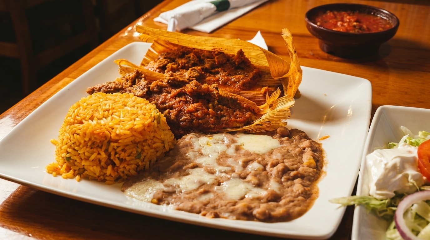 A plate of tamales, rice, and refried beans with melted cheese, alongside a side salad and salsa.