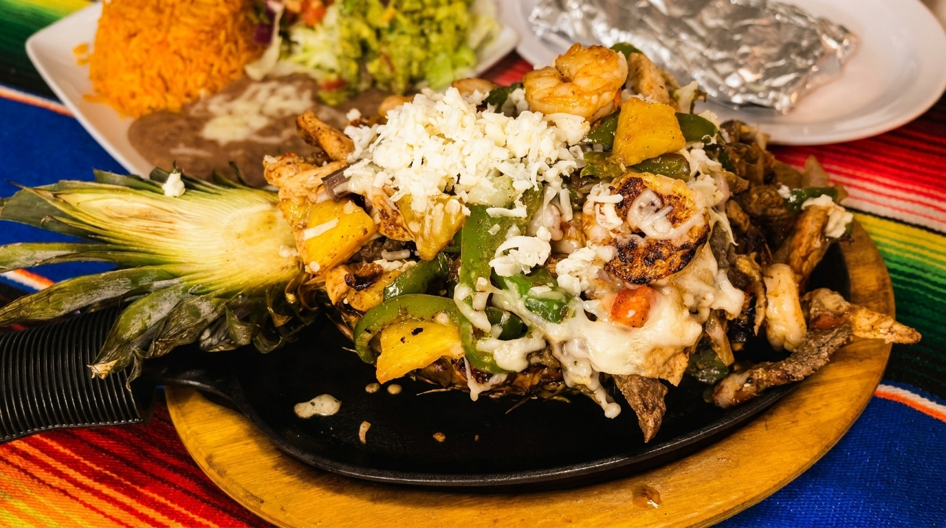 Pineapple filled with fajita mix, shrimp, peppers, and cheese, with rice and beans in the background.