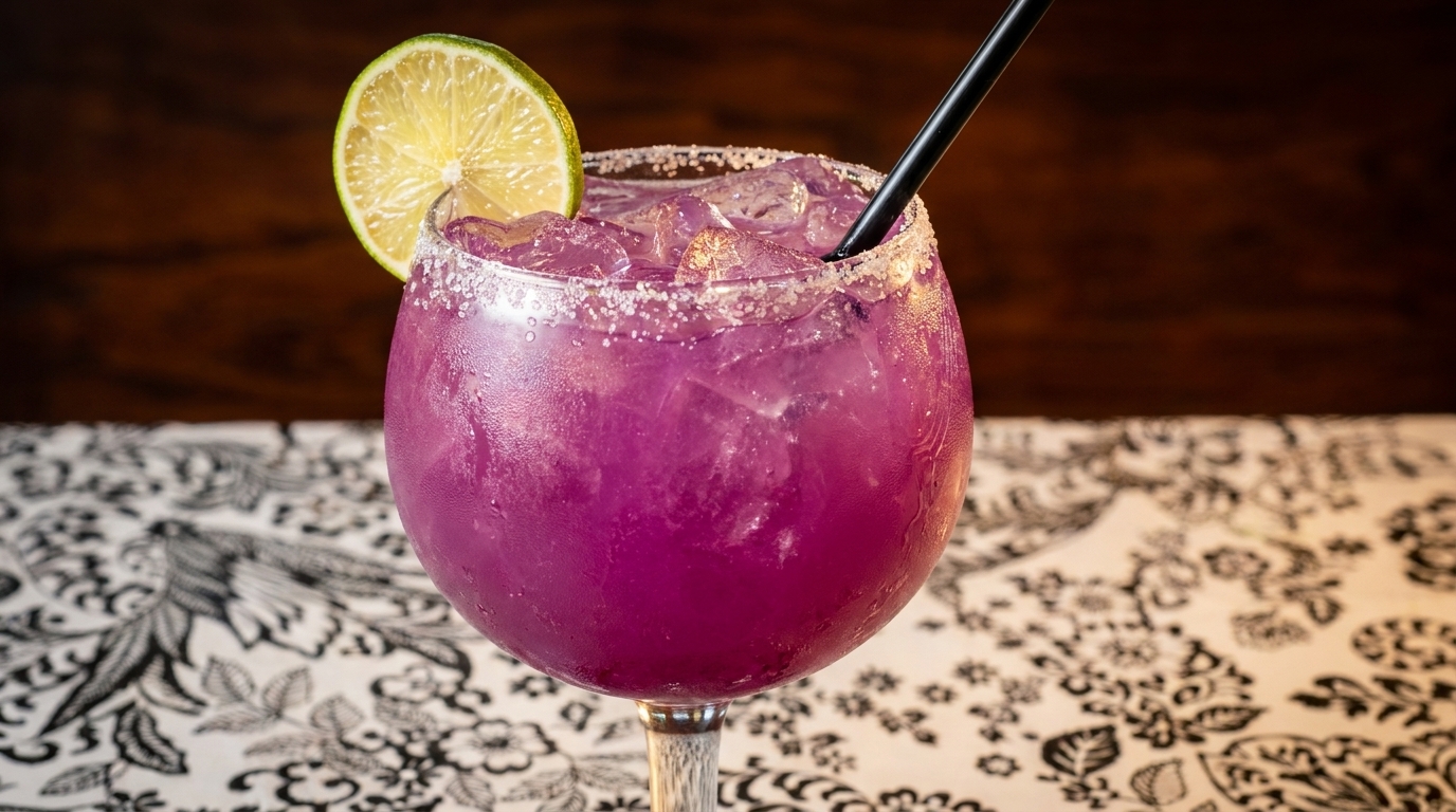 A vibrant purple margarita with a salted rim, lime wedge, and black straw on a patterned tablecloth.