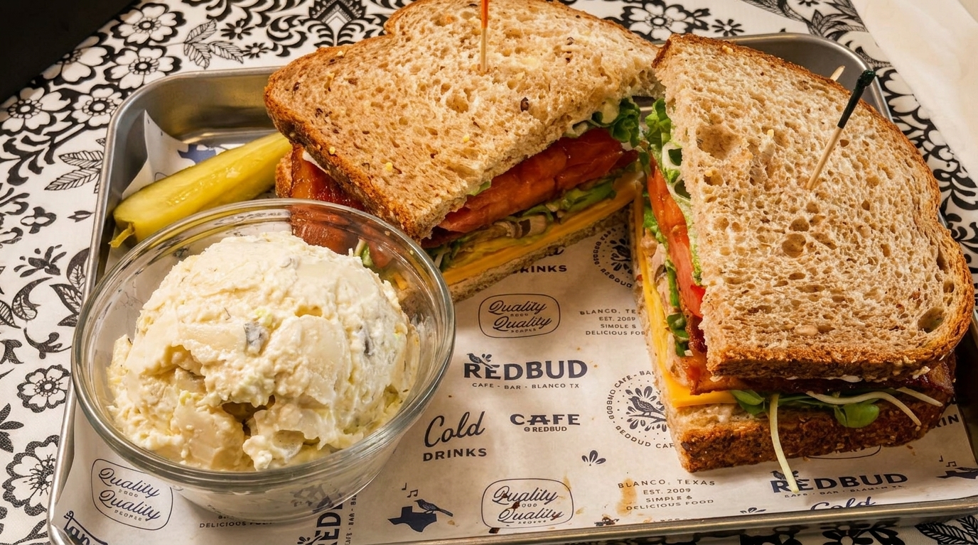 A Redbud Cafe sandwich with potato salad and a pickle on a branded tray liner.