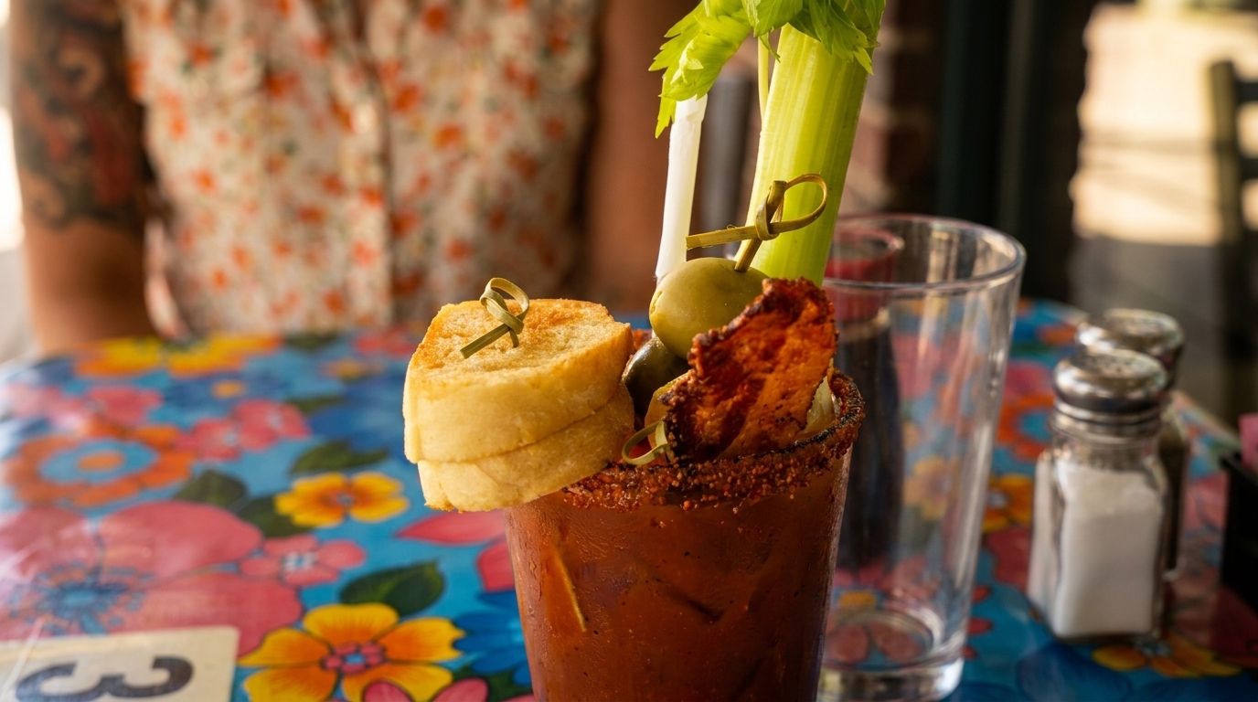 A Bloody Mary cocktail garnished with celery, olives, bacon, and toast on a colorful floral tablecloth.