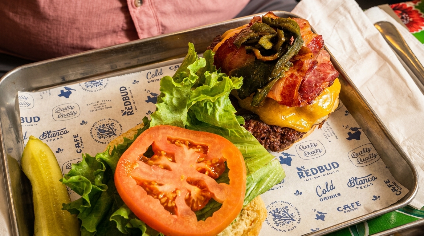 A Redbud Cafe burger with bacon, cheese, and grilled peppers, served open-faced with lettuce, tomato, and a pickle.