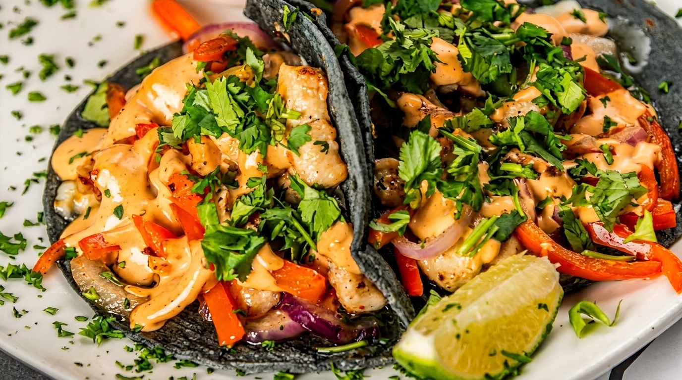 Two chicken tacos with black tortillas, red peppers, onions, cilantro, and a creamy sauce.