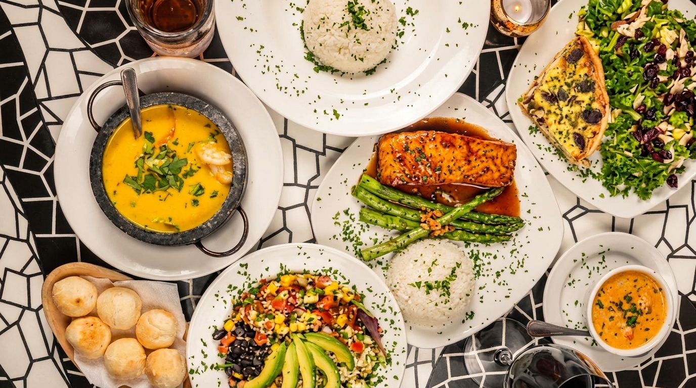 An overhead view of a table laden with various dishes, including salmon, soup, salad, and rice.