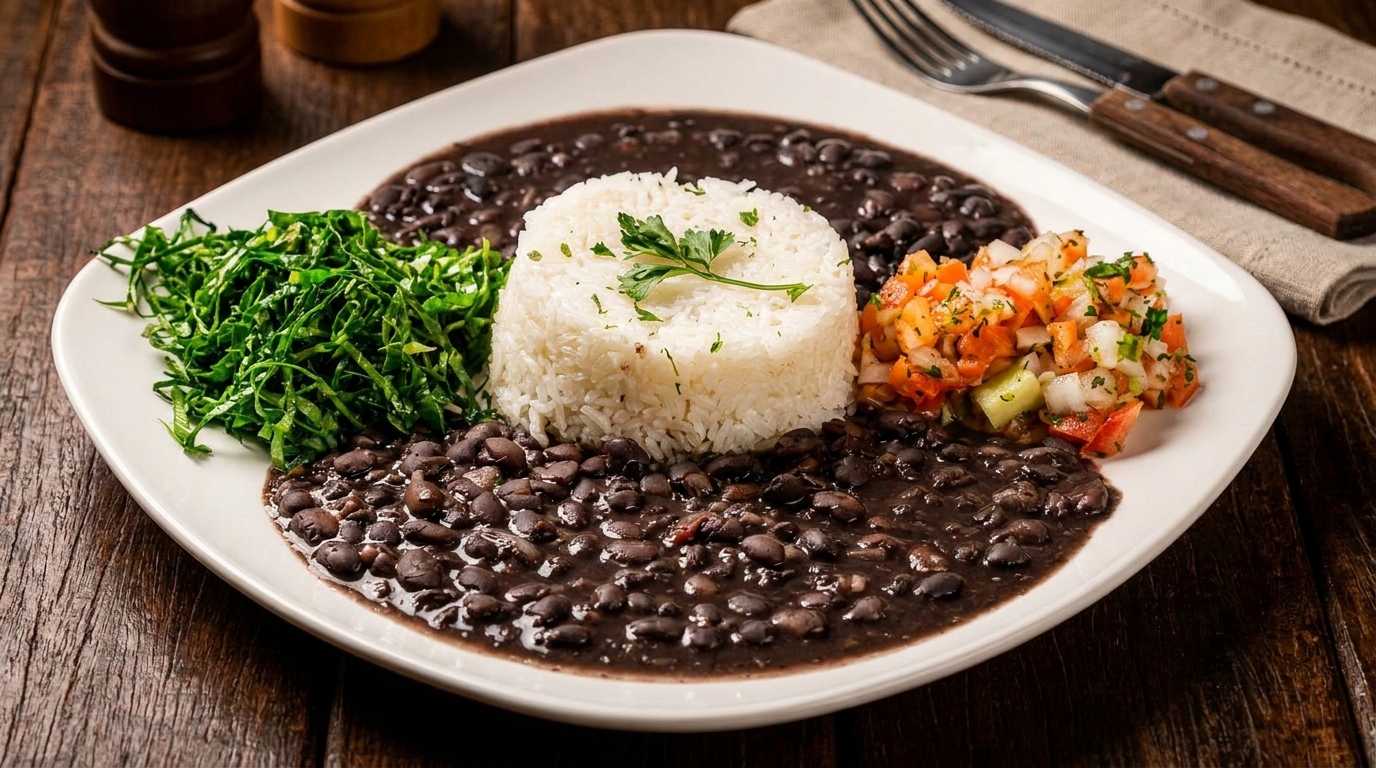 A white plate with black beans, white rice, collard greens, and pico de gallo.