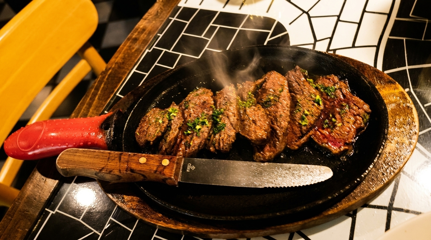 Sizzling steak slices with herbs on a hot plate, accompanied by a steak knife.