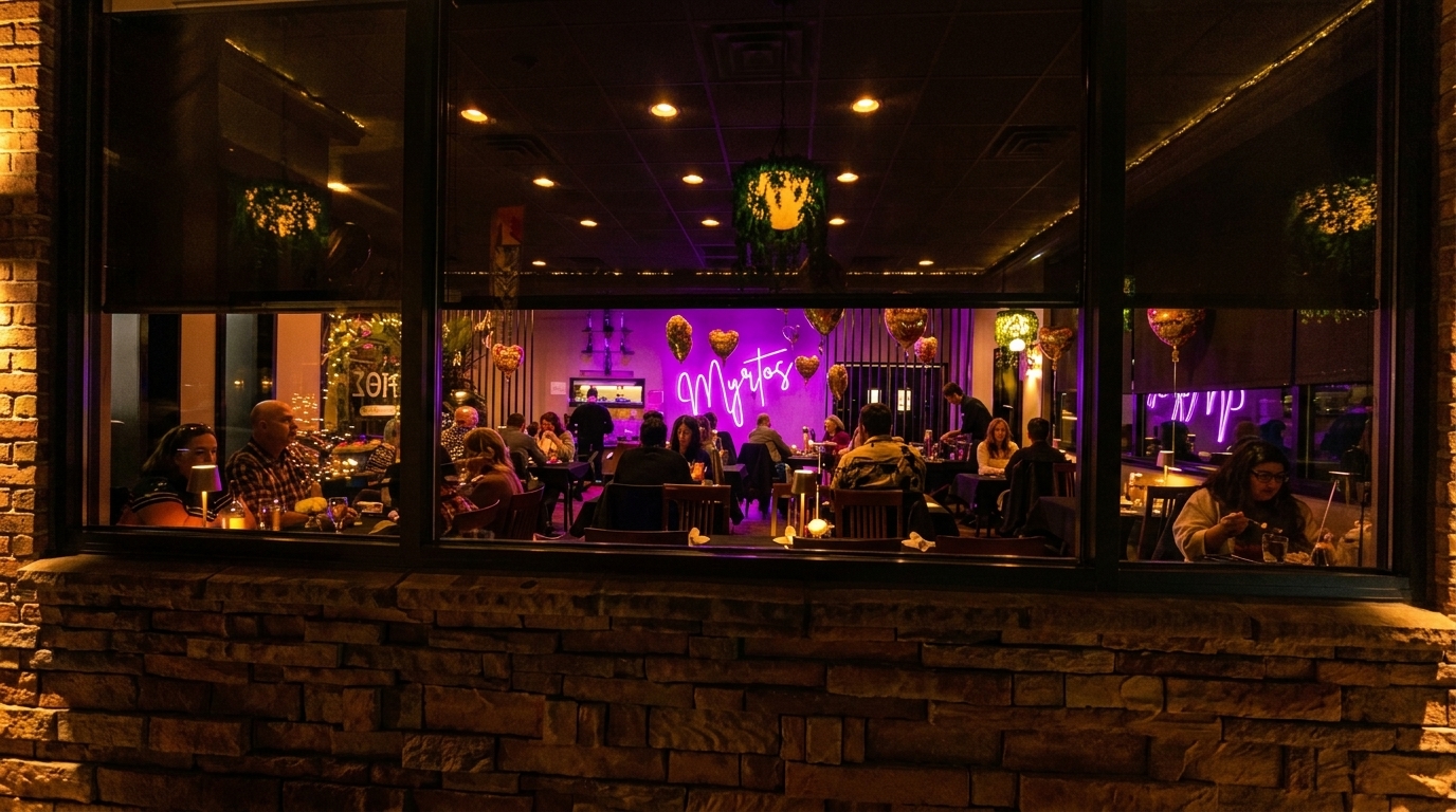 Diners enjoy a lively evening inside Myrtos restaurant, visible through large windows from a brick exterior.