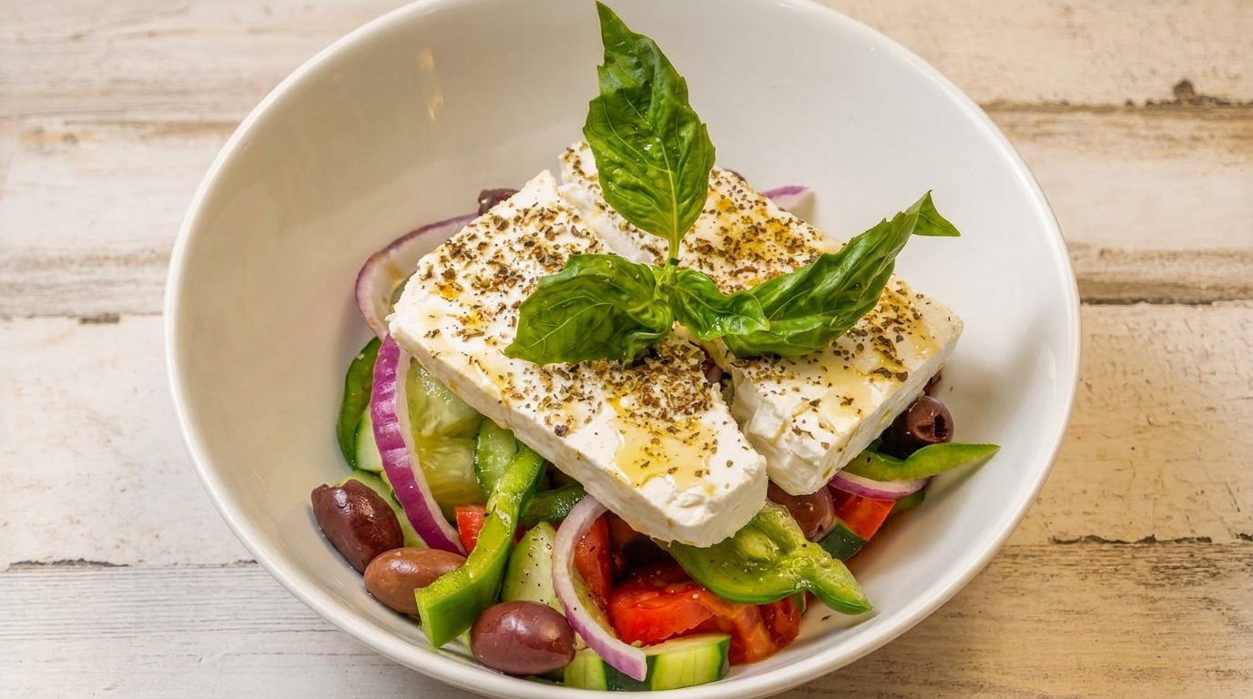 A fresh Greek salad with feta cheese, olives, cucumbers, tomatoes, and red onions.