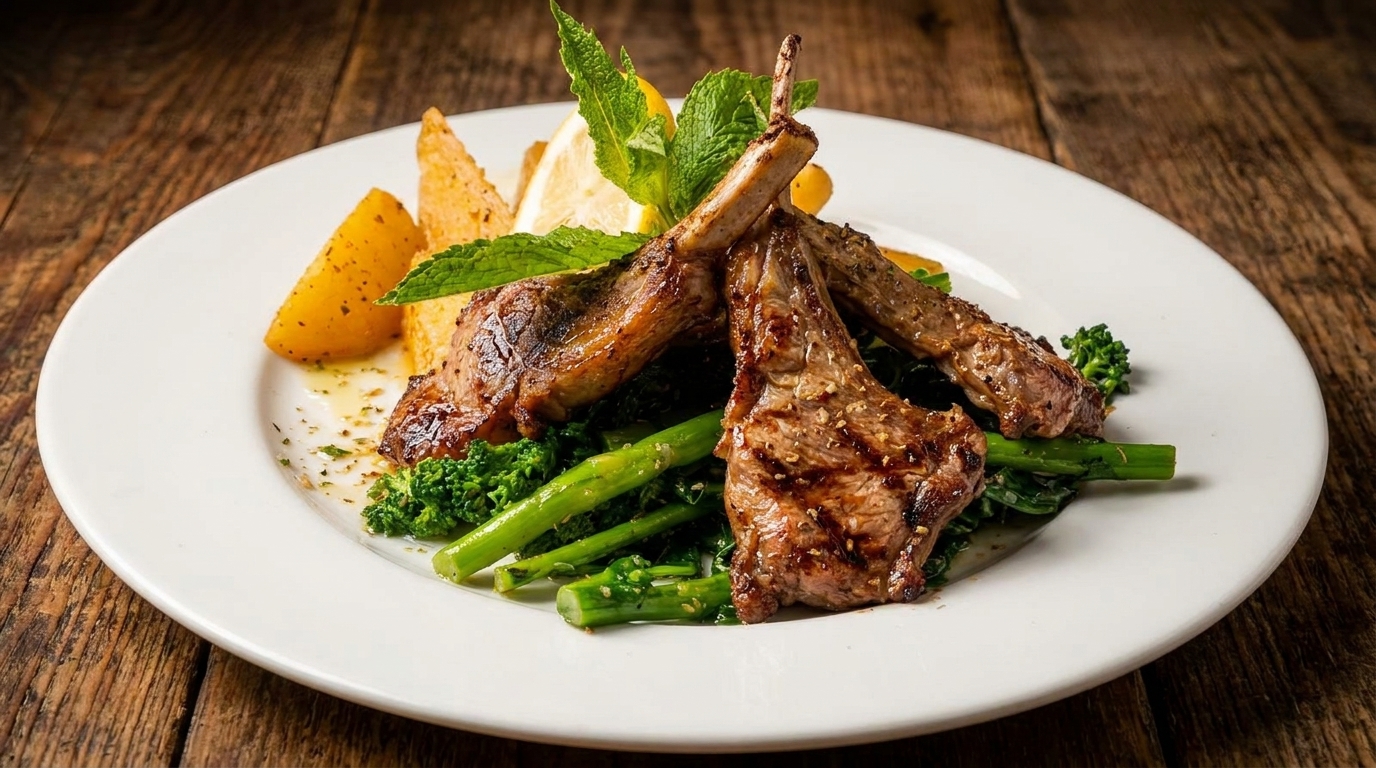 Grilled lamb chops with roasted potatoes, broccoli, asparagus, and a lemon-mint garnish on a white plate.