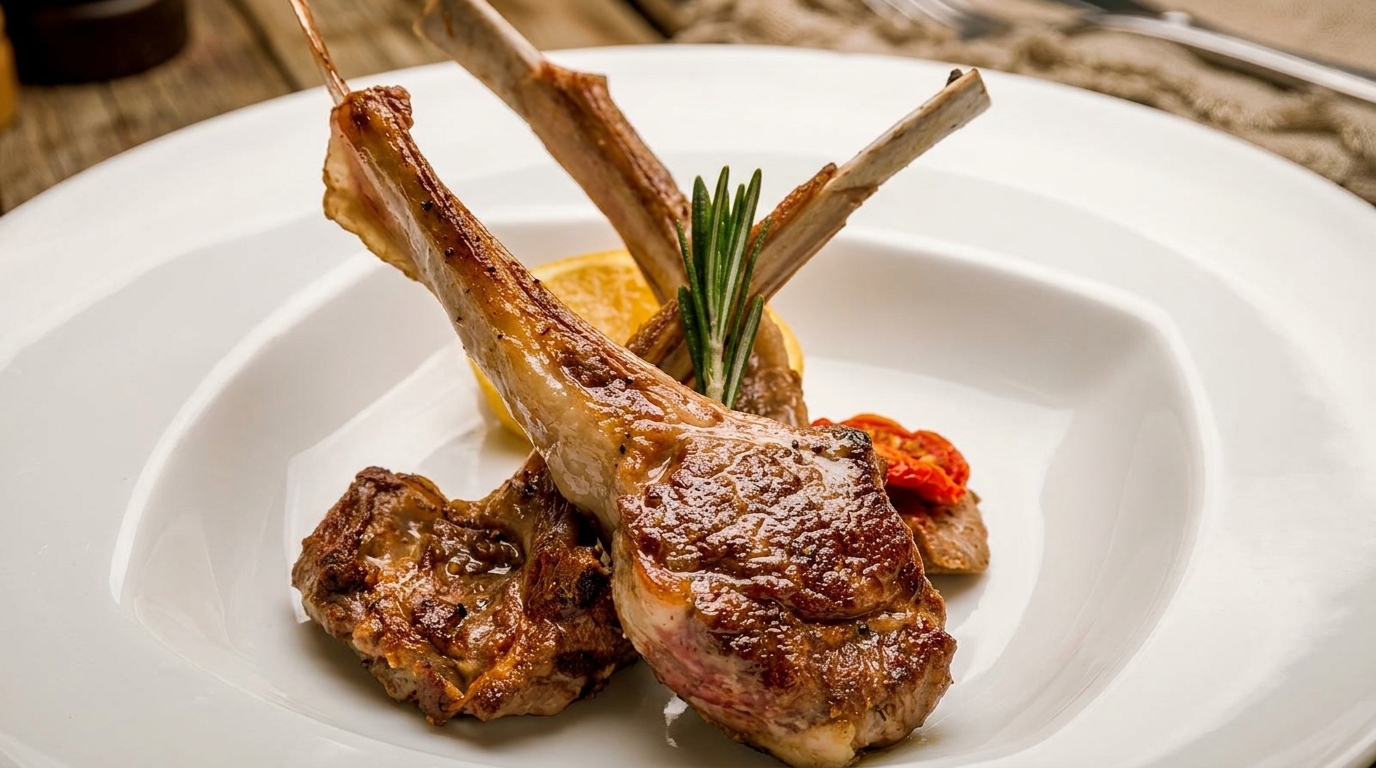 Grilled lamb chops with rosemary, lemon, and sun-dried tomatoes on a white plate.