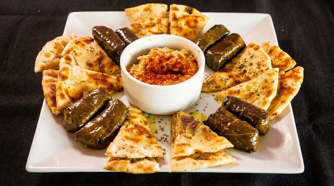 A white square plate with hummus, grape leaves, and pita bread on a black tablecloth.