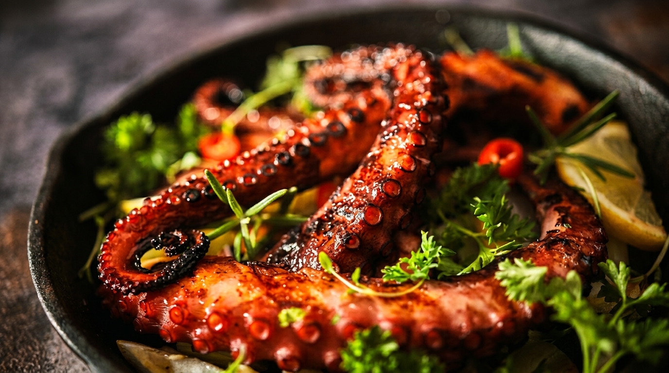 Grilled octopus tentacles with herbs, lemon, and chili in a dark cast iron pan.