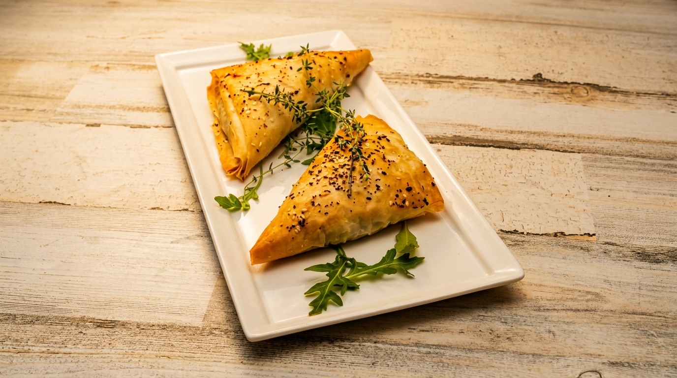 Two golden-brown savory pastries, garnished with herbs, on a white rectangular plate.
