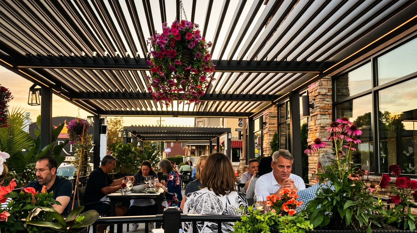 Patrons dine al fresco under a modern pergola adorned with hanging flower baskets at sunset.