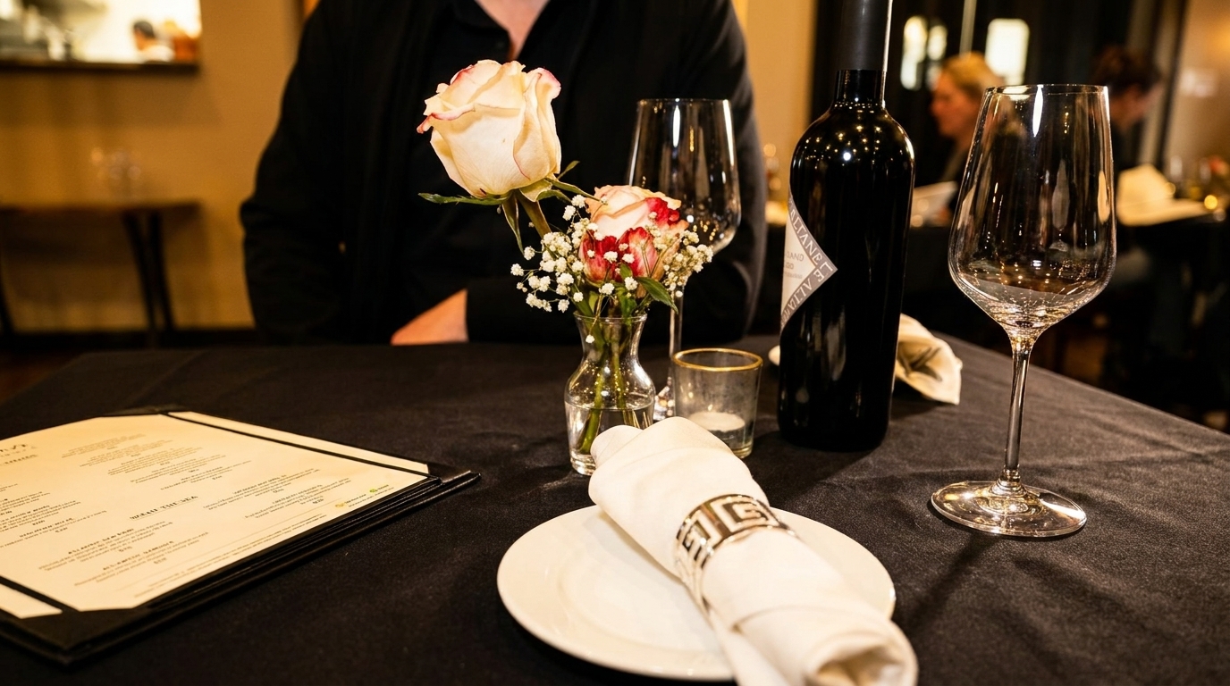A restaurant table set with a menu, wine bottle, wine glass, and a small vase of roses.