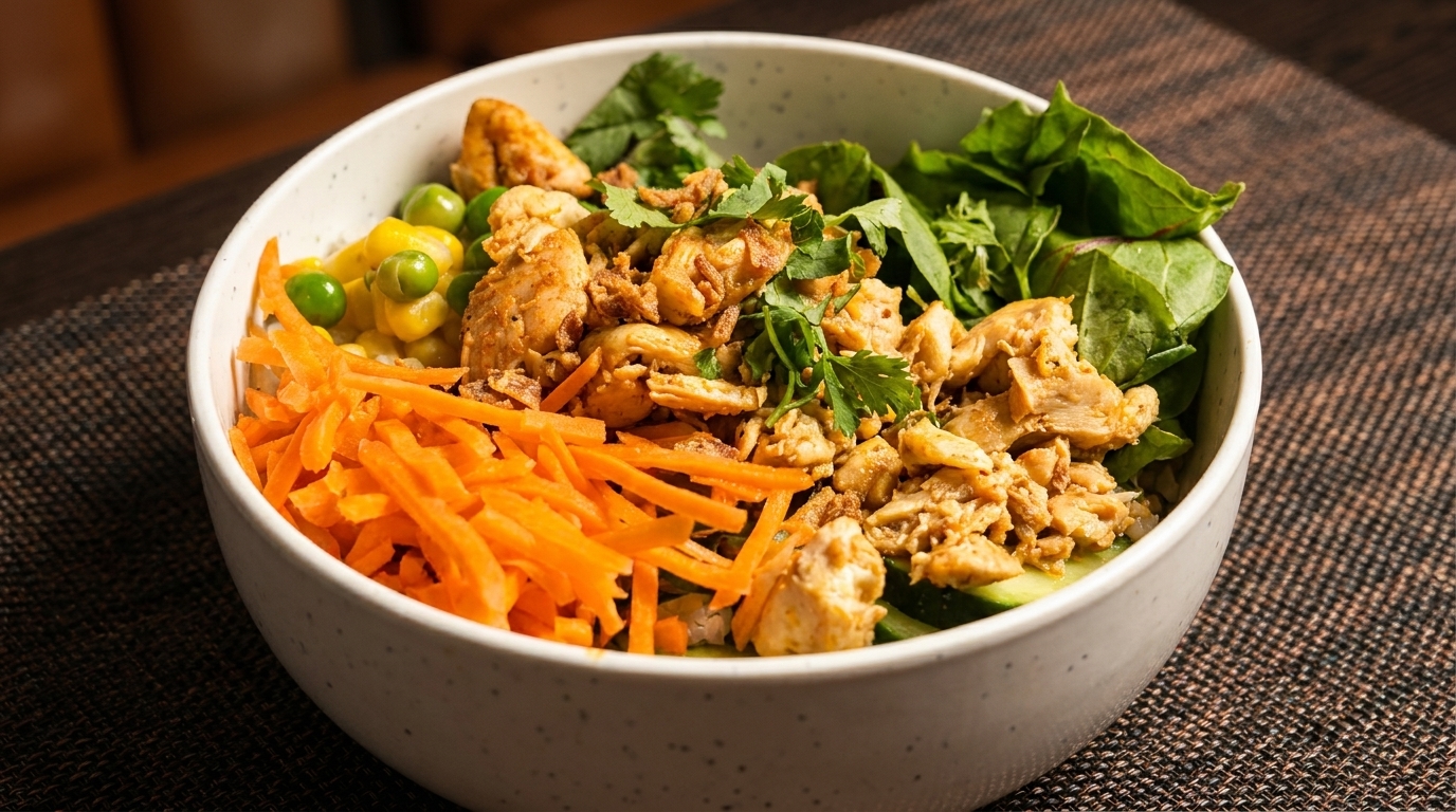 A colorful bowl of chicken, shredded carrots, corn, peas, and green leafy vegetables.