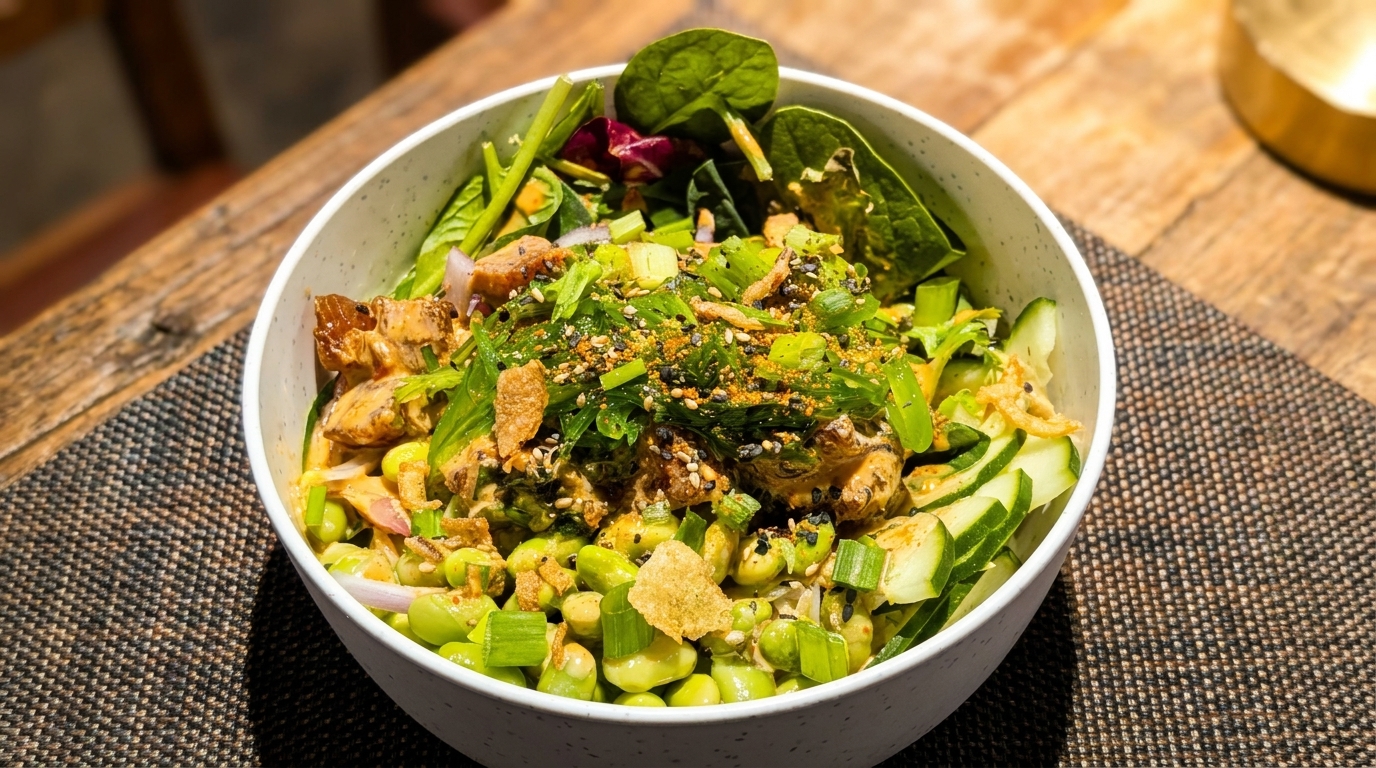 A vibrant poke bowl filled with tuna, edamame, cucumber, seaweed, and green onions.