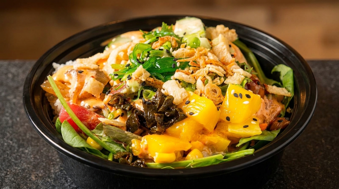 A colorful poke bowl with tuna, mango, seaweed, crispy onions, and a creamy sauce.
