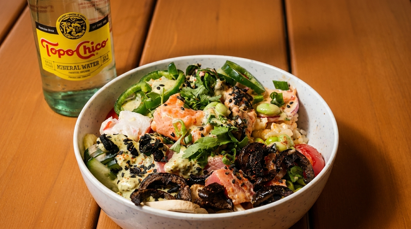 A colorful poke bowl with salmon, tuna, vegetables, and sauce, next to a Topo Chico bottle.