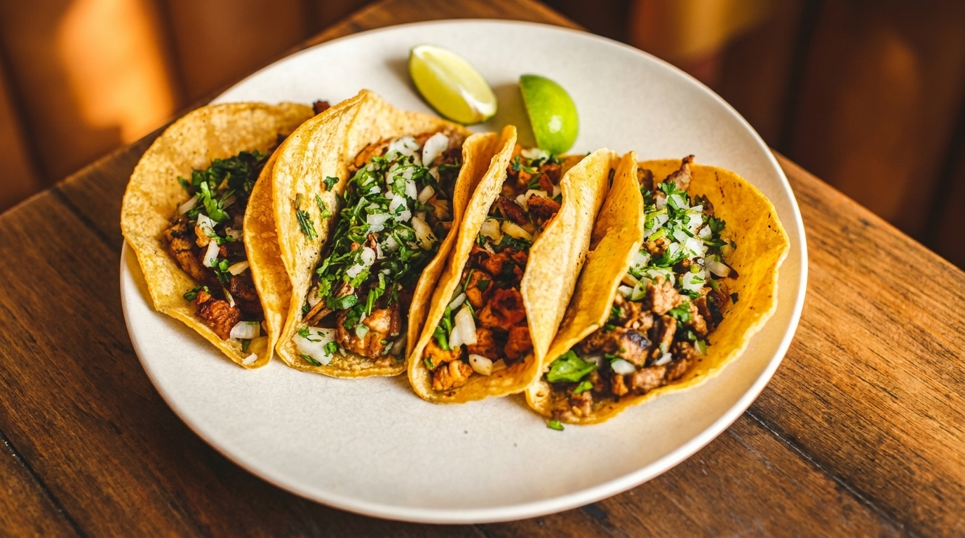 Five street tacos with meat, onions, and cilantro, served with lime wedges on a white plate.
