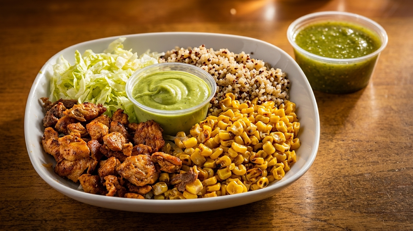 A colorful bowl with chicken, lettuce, quinoa, corn, and two green sauces on a wooden table.
