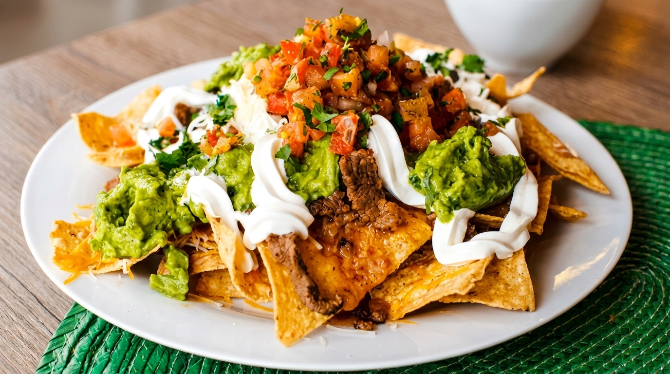 A plate of loaded nachos with steak, guacamole, sour cream, and pico de gallo.