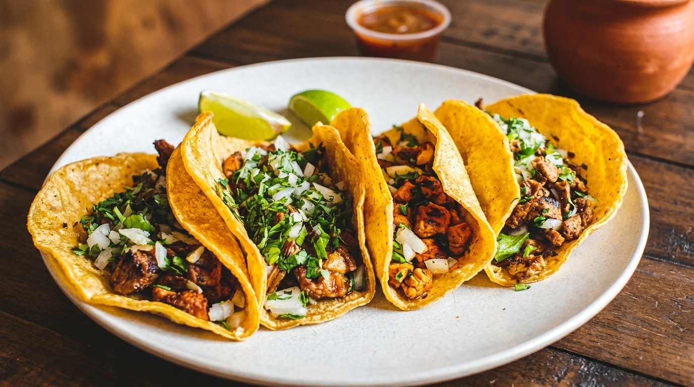 Four street tacos with meat, cilantro, and onions, served with lime wedges and salsa.