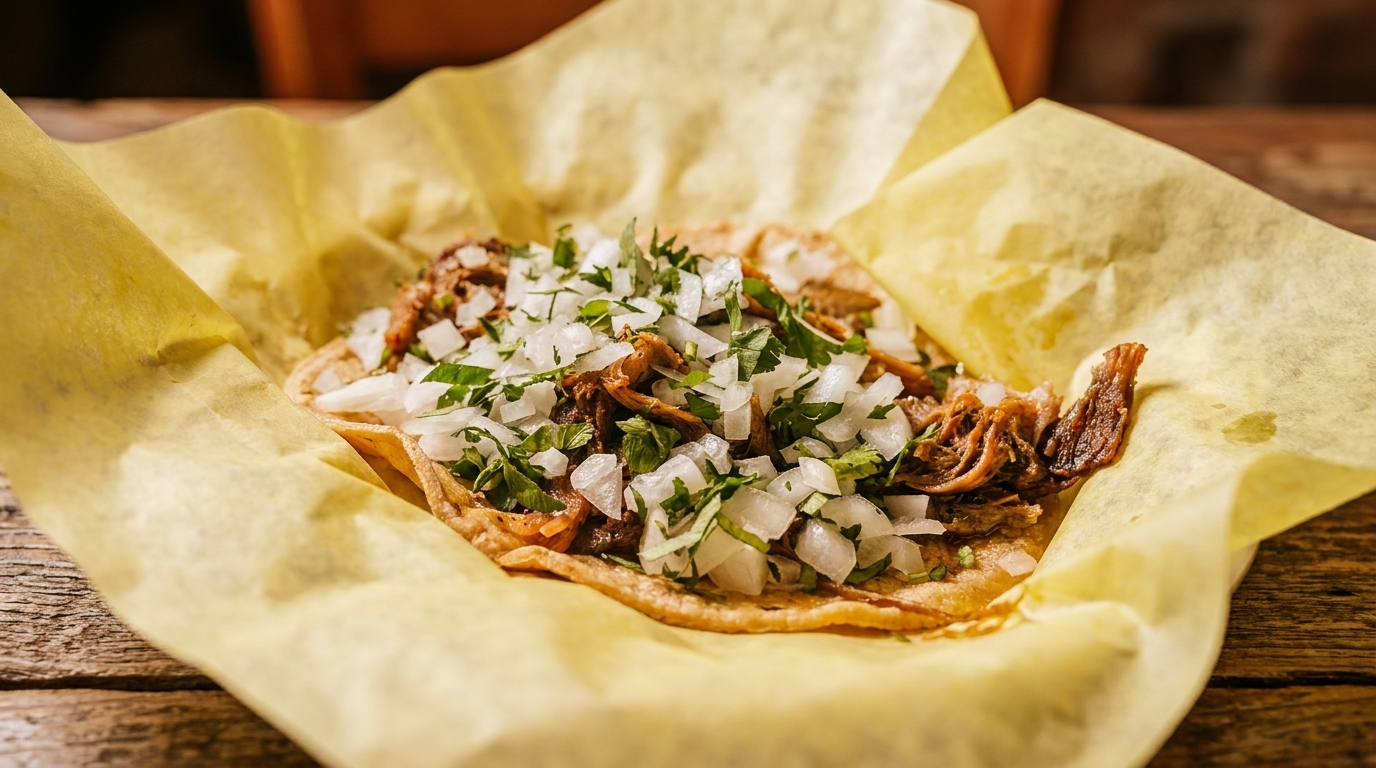 Close-up of a street taco with shredded meat, diced onions, and cilantro on yellow paper.