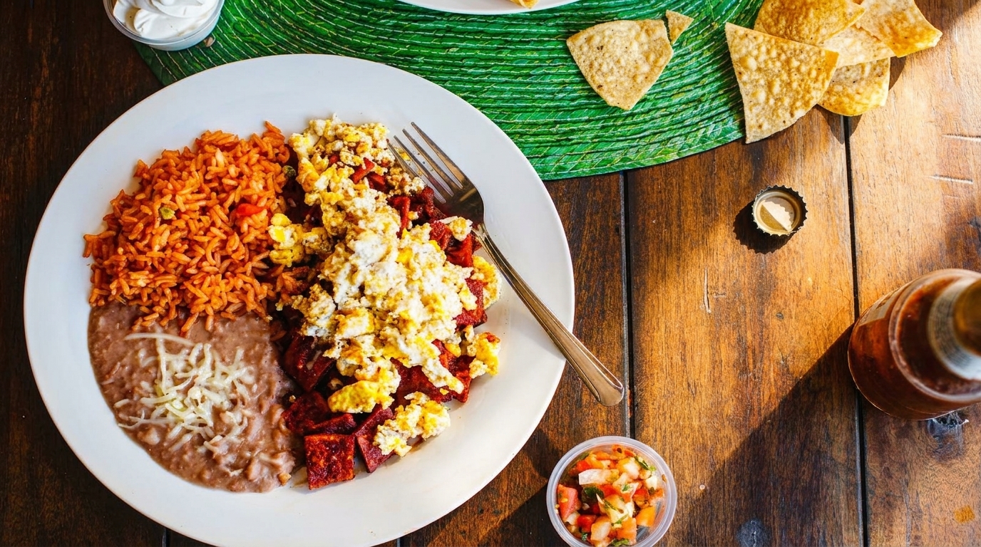Mexican breakfast plate with scrambled eggs, chorizo, rice, refried beans, and tortilla chips.