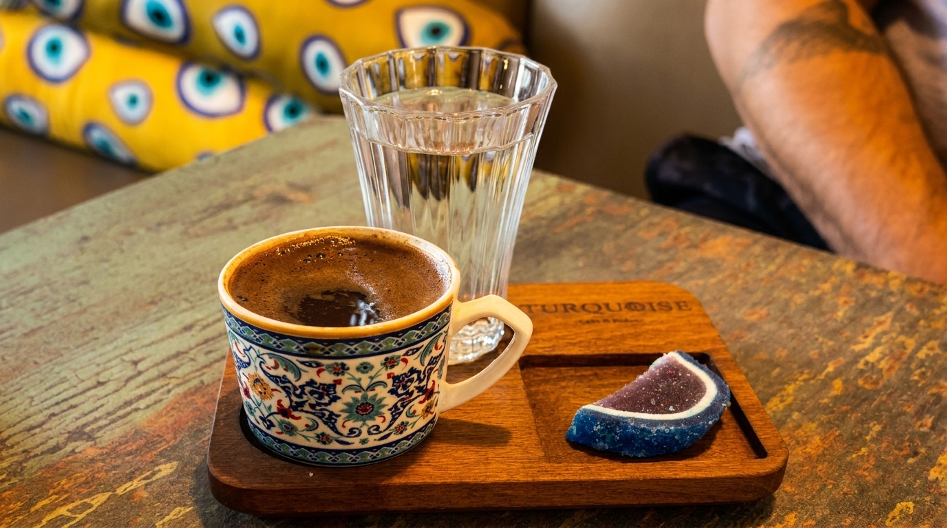 Turkish coffee in an ornate cup, water, and Turkish delight on a wooden tray at Turquoise Cafe.