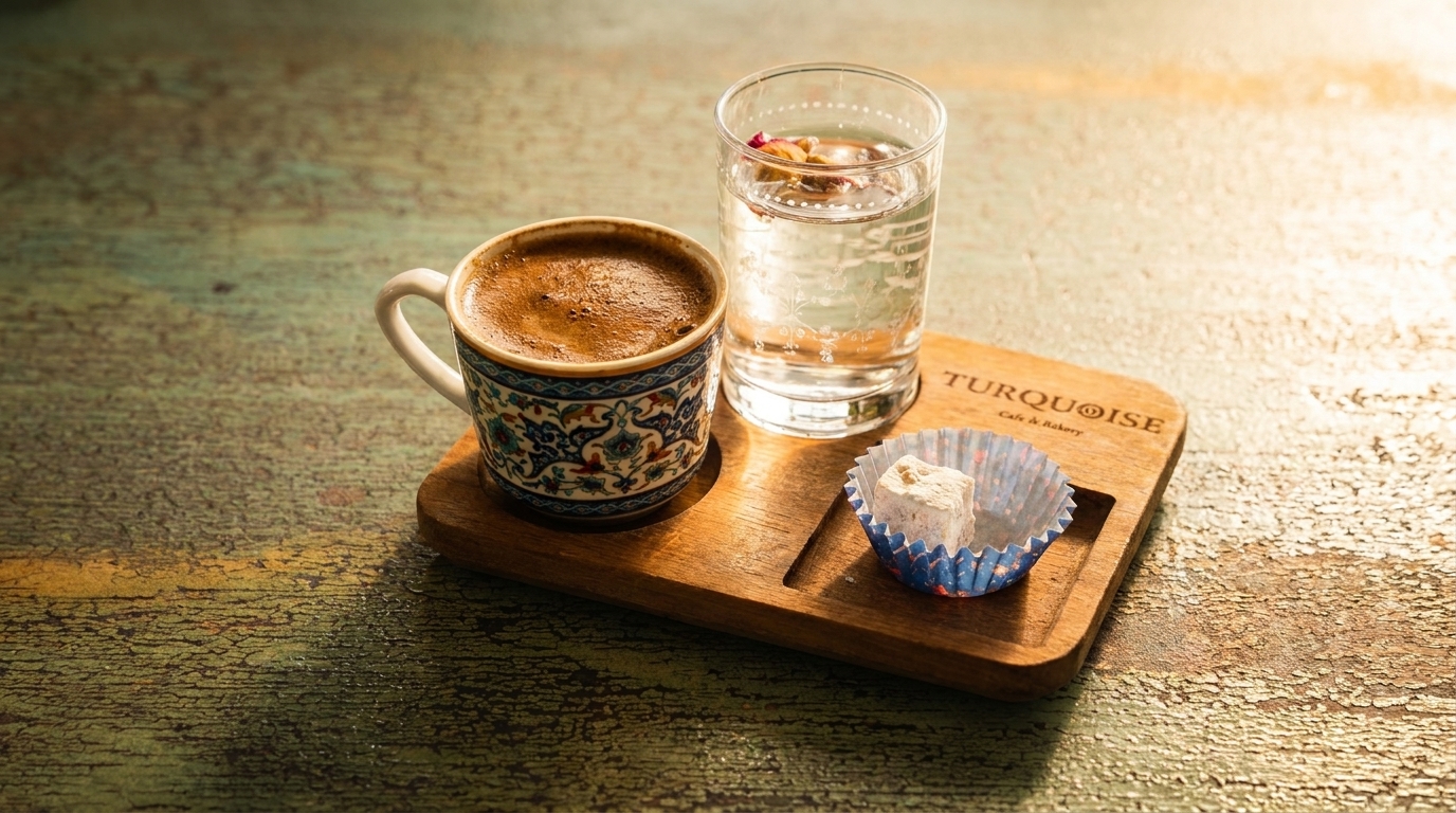 Turkish coffee, water with rose petals, and Turkish delight on a wooden tray from Turquoise Cafe & Bakery.