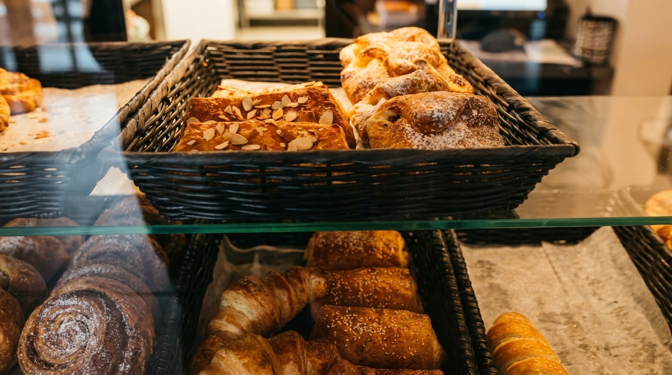 Assorted pastries, including almond croissants and cinnamon rolls, displayed in wicker baskets in a bakery case.