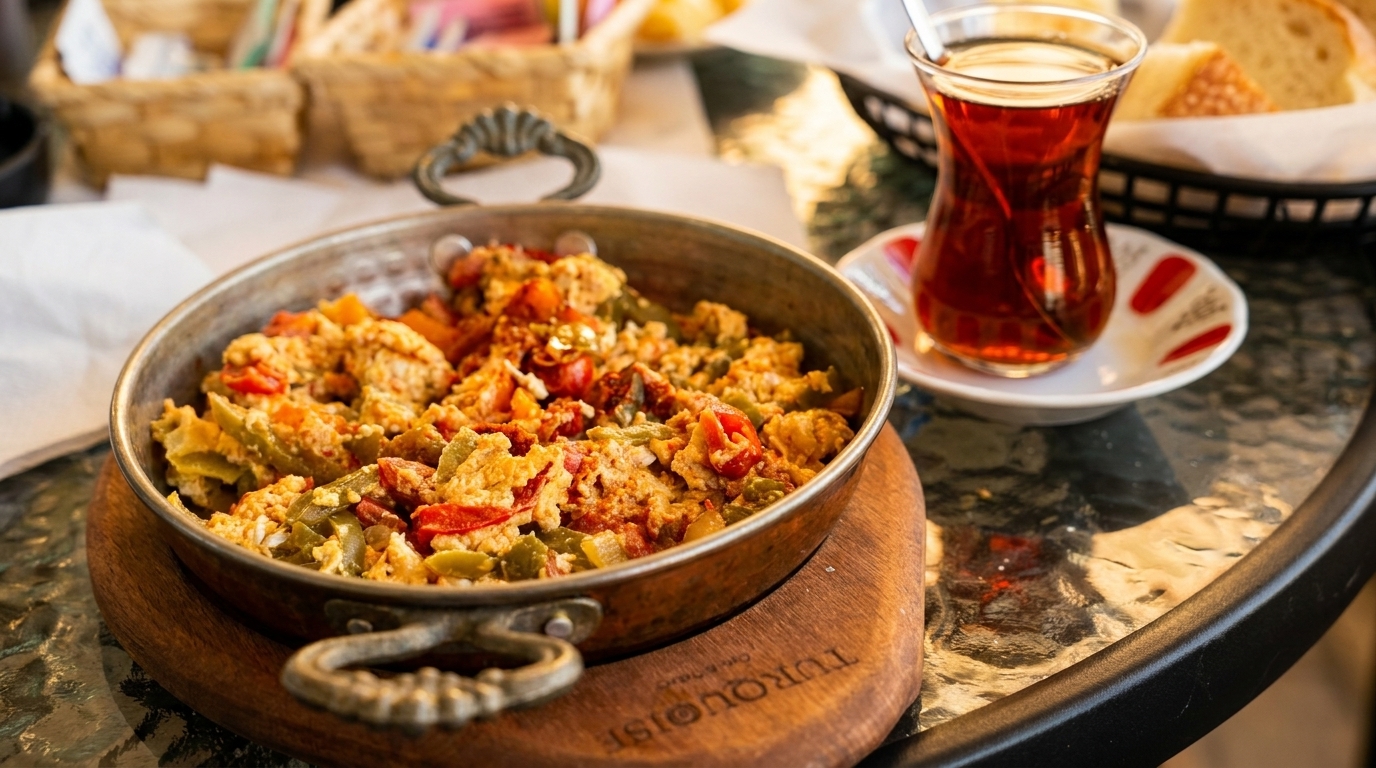 Turkish menemen in a copper pan with a glass of tea on a glass table.