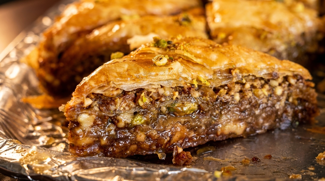 Close-up of a triangular piece of baklava, revealing flaky pastry, nuts, and sweet syrup.