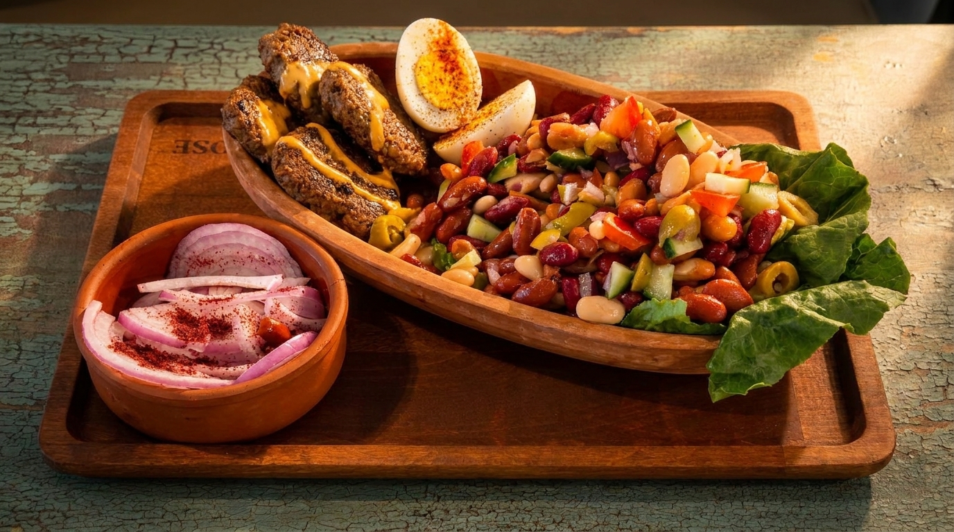 Kofta with mustard drizzle, bean salad, hard-boiled eggs, and a side of red onions on a wooden tray.