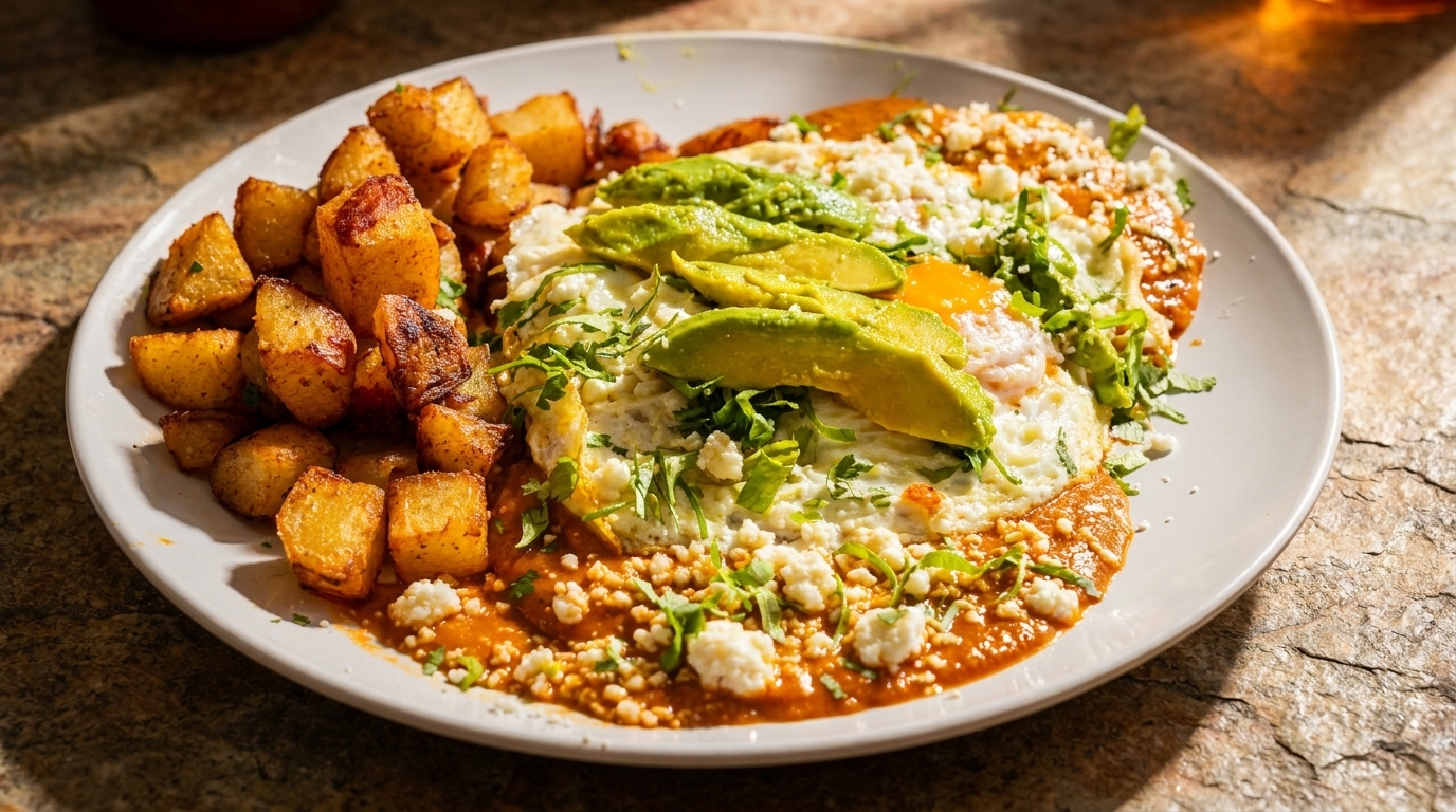 Huevos rancheros with fried eggs, avocado, cheese, cilantro, salsa, and roasted potatoes.