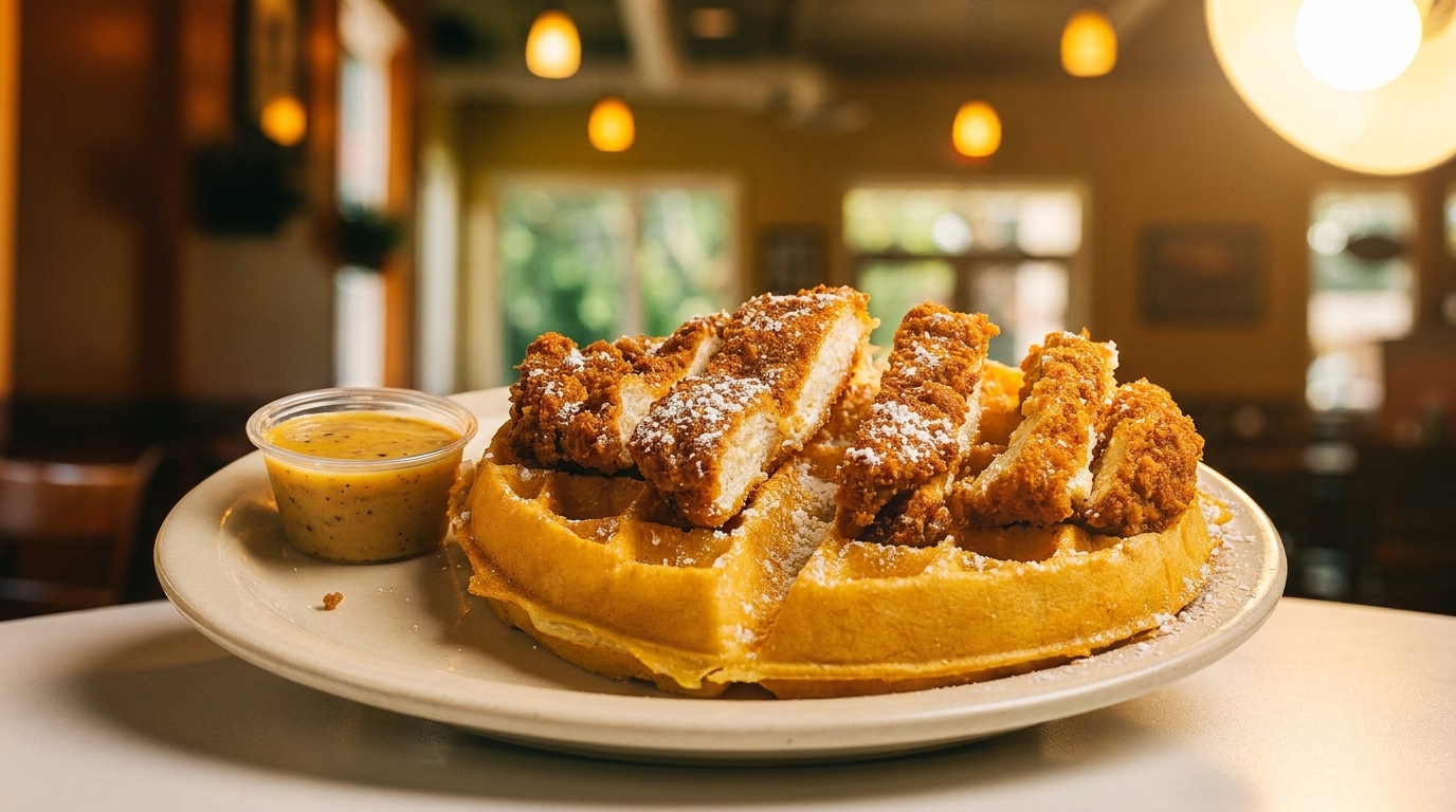 Golden chicken and waffles dusted with powdered sugar, served with a side of sauce in a restaurant.