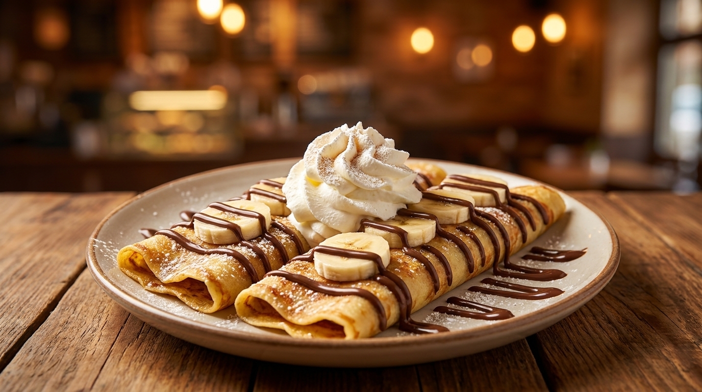 Two crepes drizzled with chocolate, topped with banana slices and whipped cream on a wooden table.