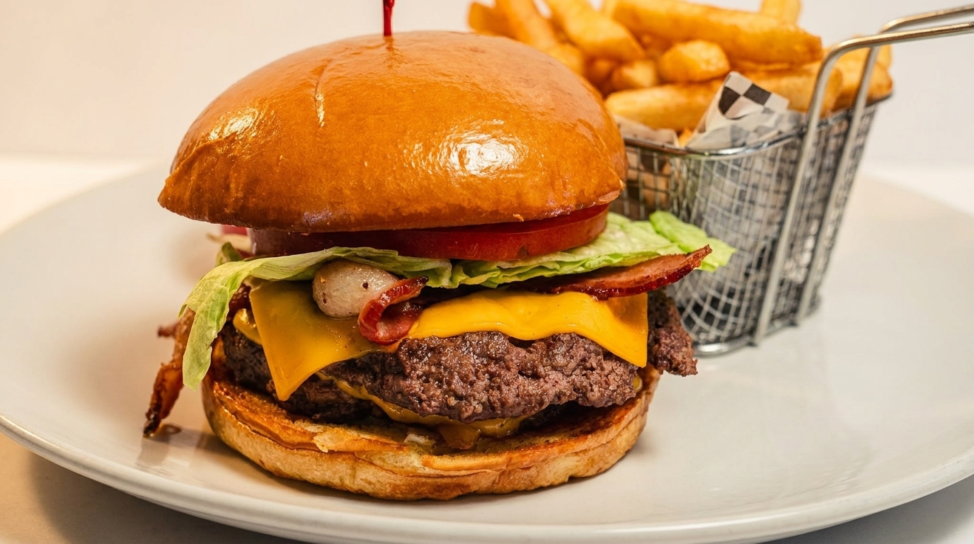 A juicy bacon cheeseburger with lettuce, tomato, and onions, served with a side of golden fries.