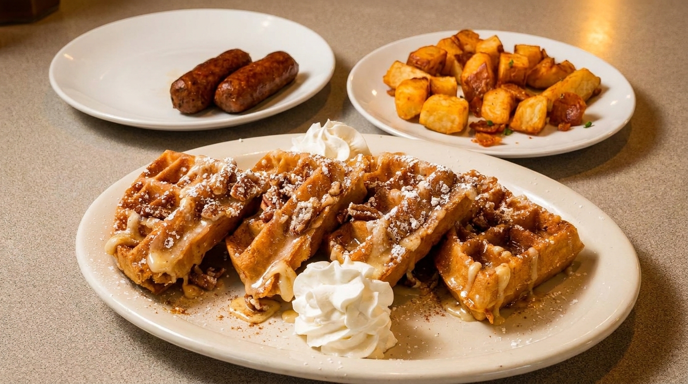 Waffles with whipped cream, sausage links, and roasted potatoes on a diner table.
