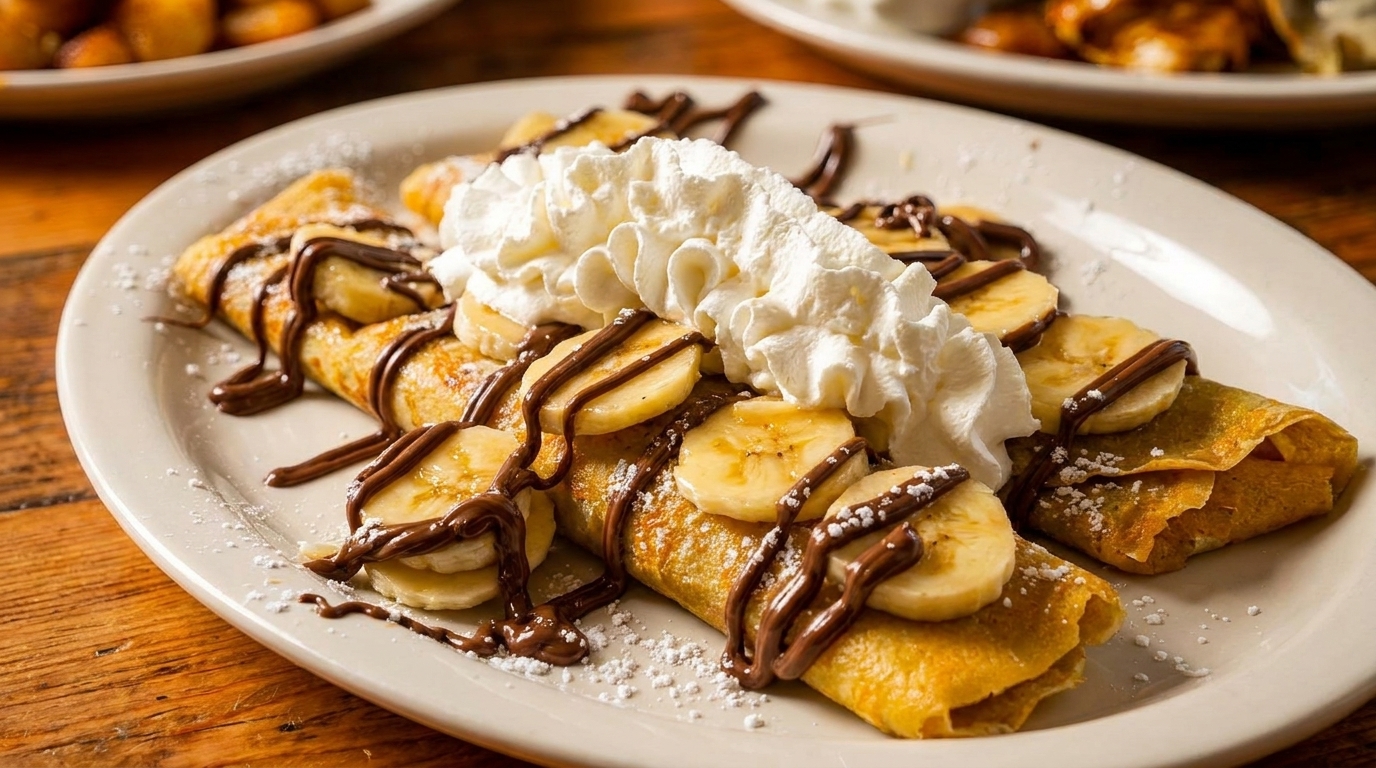 Banana and chocolate crepes topped with whipped cream and powdered sugar on a white plate.