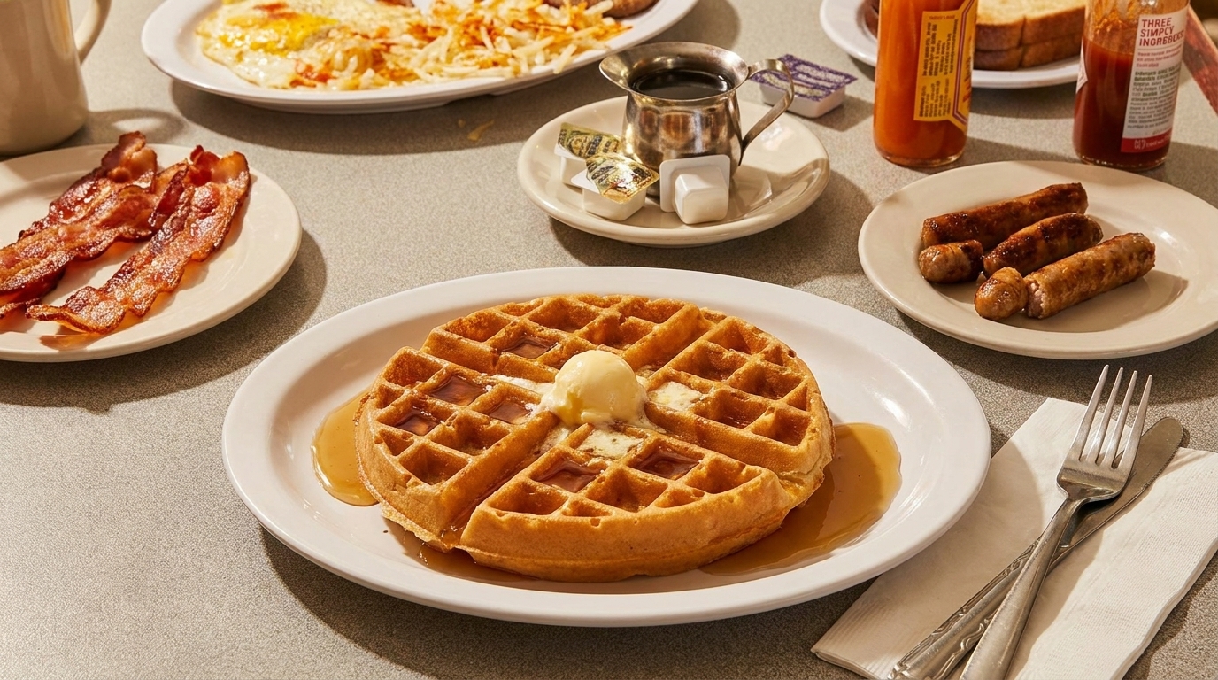 A diner breakfast spread with a waffle, bacon, sausages, eggs, hash browns, and syrup.