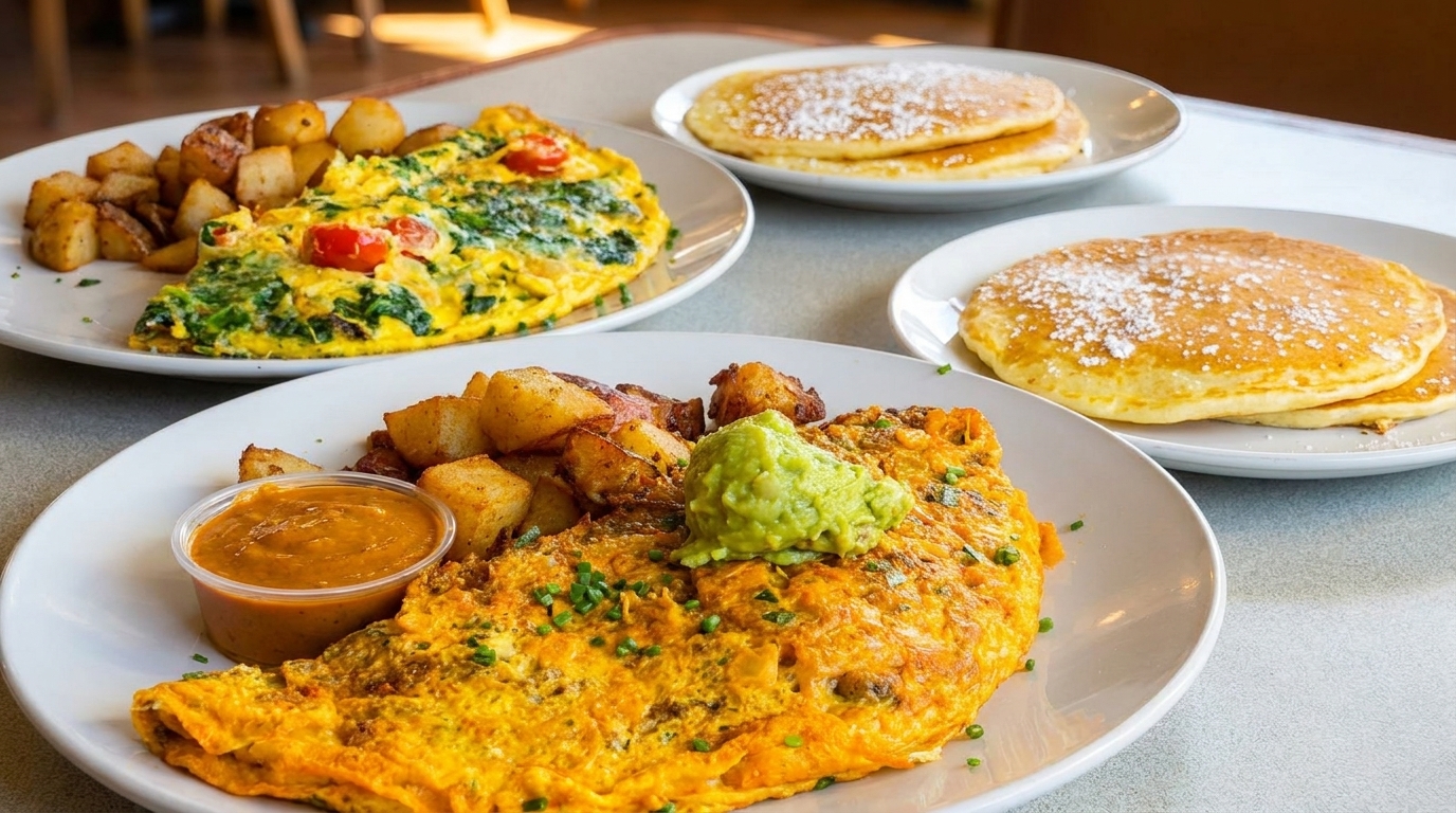 Two omelets with potatoes and two plates of pancakes with powdered sugar on a table.
