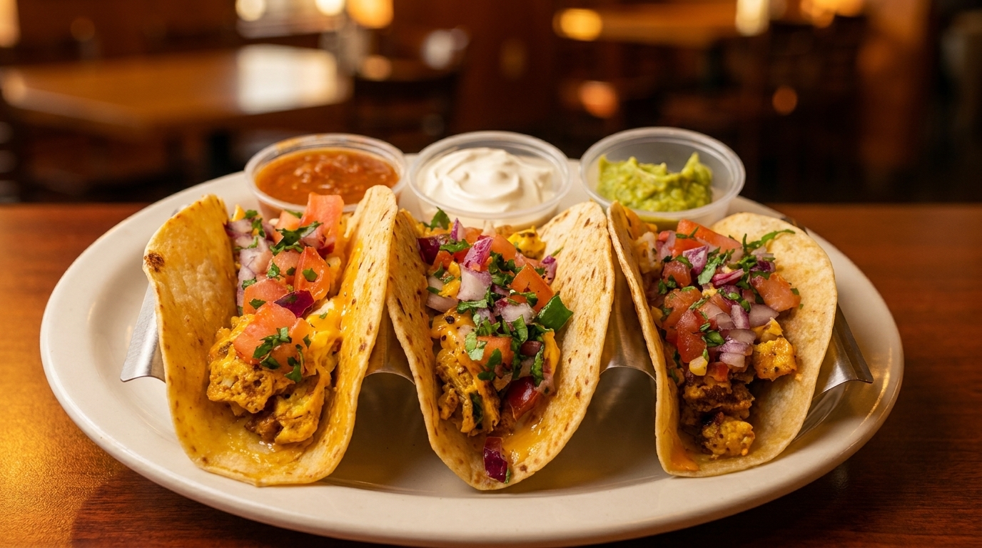 Three breakfast tacos with scrambled eggs, pico de gallo, and sides of salsa, sour cream, and guacamole.