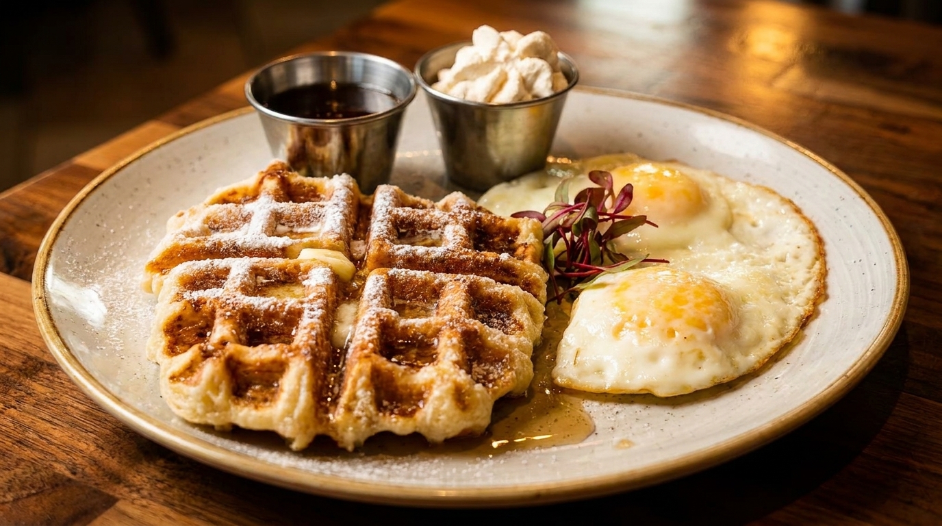 Golden waffles with powdered sugar, syrup, two fried eggs, and whipped cream on a plate.
