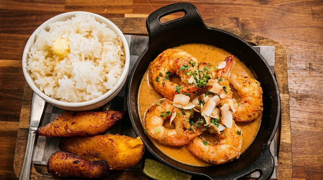 Shrimp in a creamy sauce with coconut flakes, rice, and fried plantains on a wooden board.